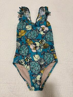 Tea Collection Teal Turtle & Floral Ruffle One-Piece Swimsuit